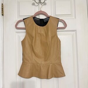 Antipodium London Tan Nappa Leather Mesh Back Peplum Top US 6 Luxe Edgy